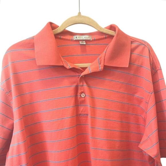Peter Millar Men's Size XL Cotton Golf Polo Coral with Blue Stripes - Picture 2 of 6